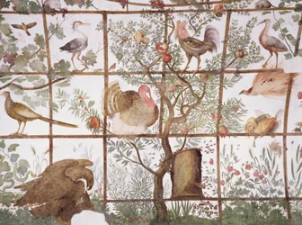 La antecámara del Studiolo de Francesco de Medici (detalle de la decoración que representa pájaros en una pérgola de jardín)
